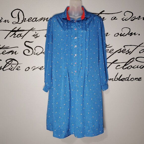 Vintage 80s Schrader Sport Blue Patterned Day Dress, Shirt Dress, 12 - Picture 2 of 8